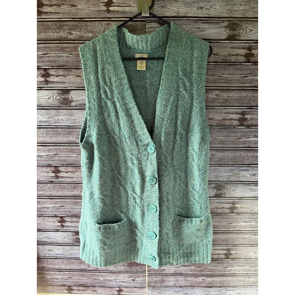 LL Bean Women's Sleeveless Button-Down Sweater Vest Size XL Green Pockets